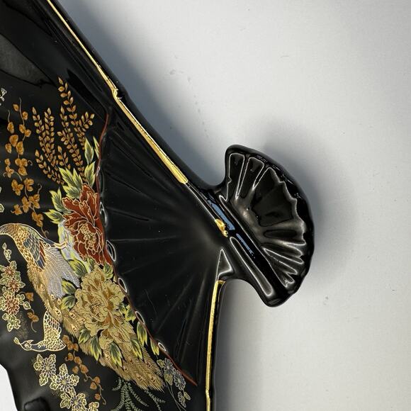 Vintage Fan Peacock And Floral Trinket Dish Japan black gold trim - Picture 6 of 7
